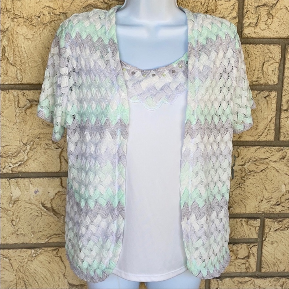 Alfred Dunner Open Front Lace Overlay Top White Knit Embellished loose fit
